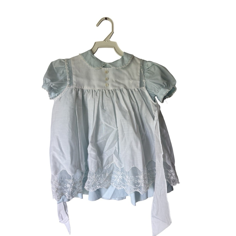 Vtg Christian DIOR Blue lace pinafore White Embroidered 2-piece 4t